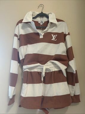 Brown and white stripe set with top and shorts with LV logo on top